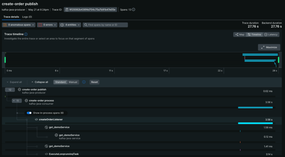 New Relic APM distributed tracing trace details UI