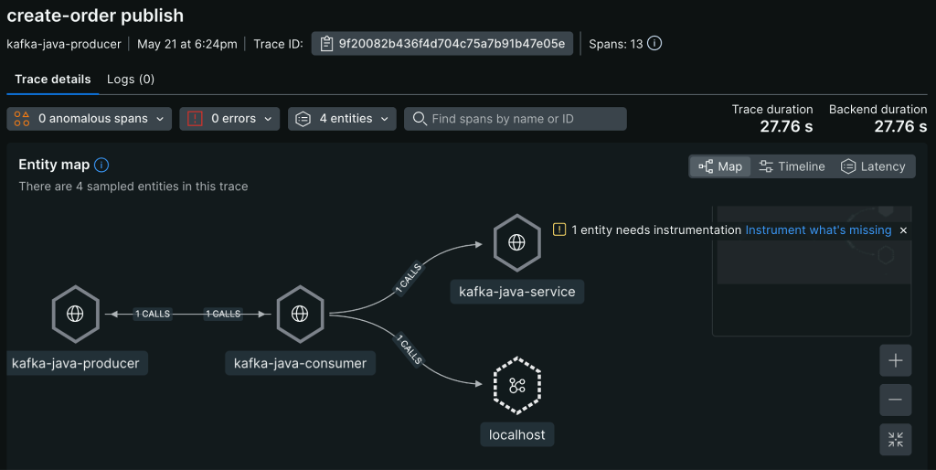 New Relic APM distributed tracing trace details entity map