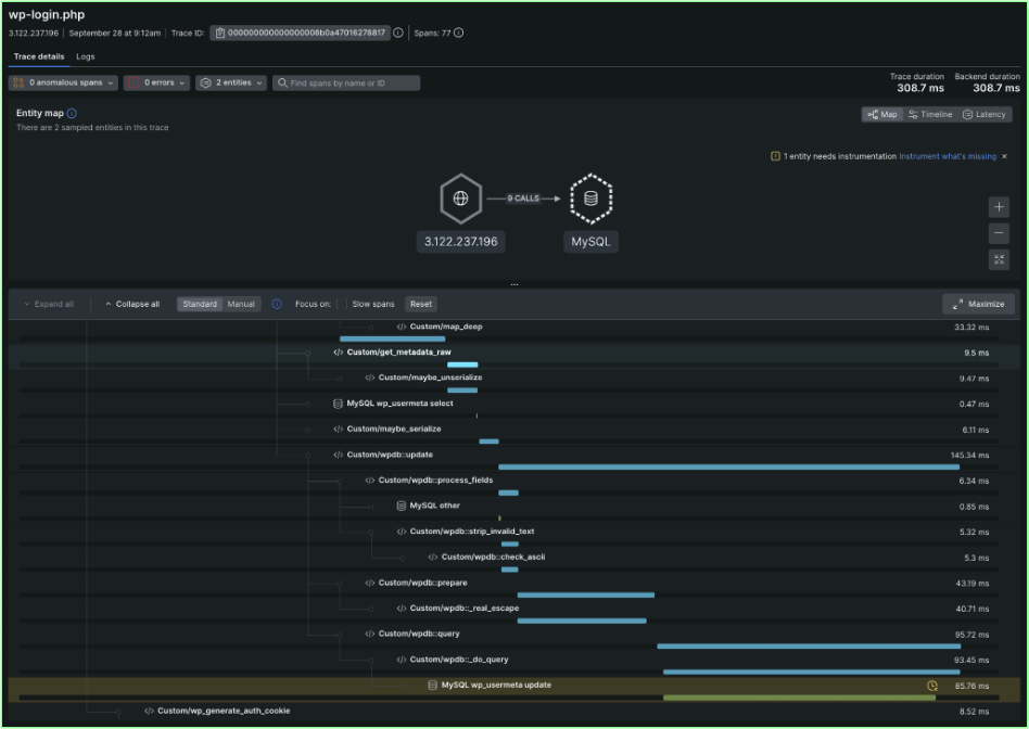 Trace details dashboard within the New Relic UI