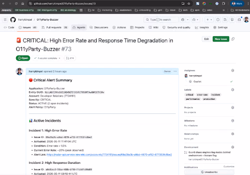 GitHub issue automatically created from a New Relic critical alert