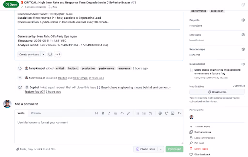 GitHub Copilot assigned to the incident issue and linking its pull request